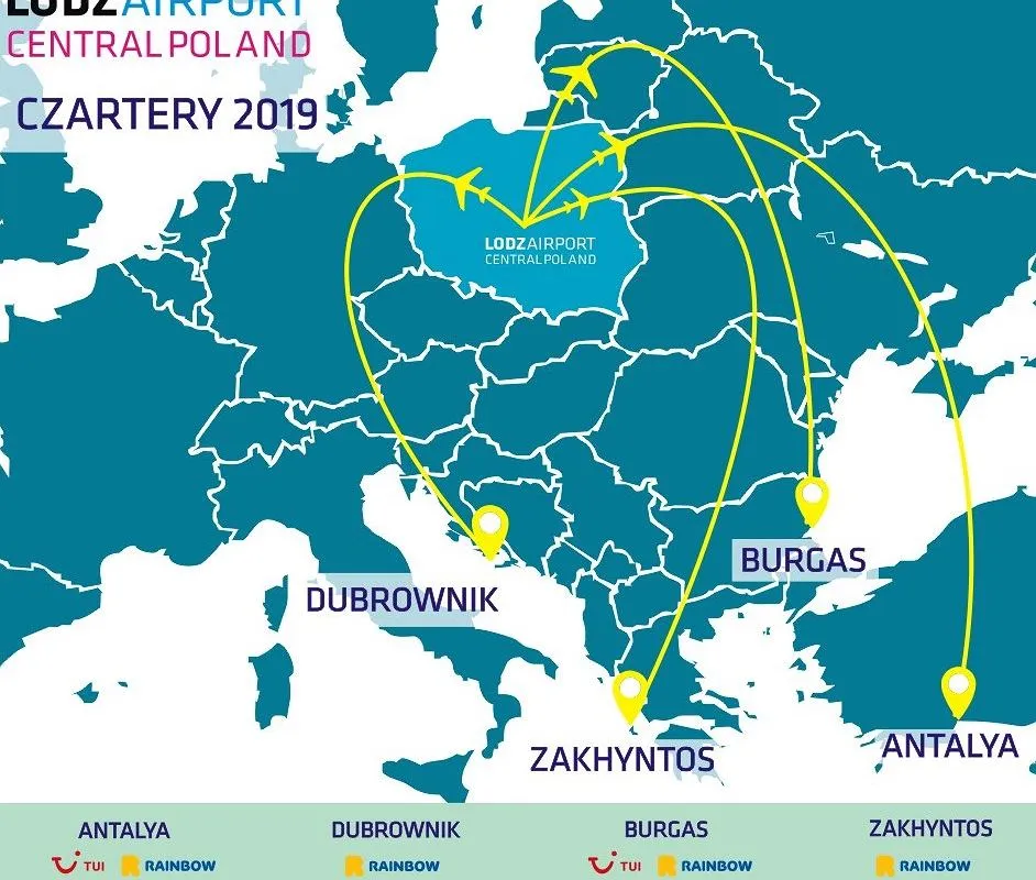 Mapa połączeń czarterowych z Łodzi