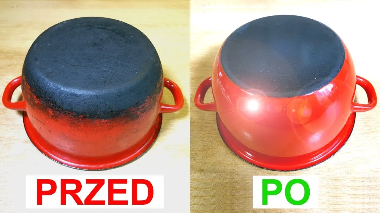 przypalony garnek emaliowany przed i po czyszczeniu