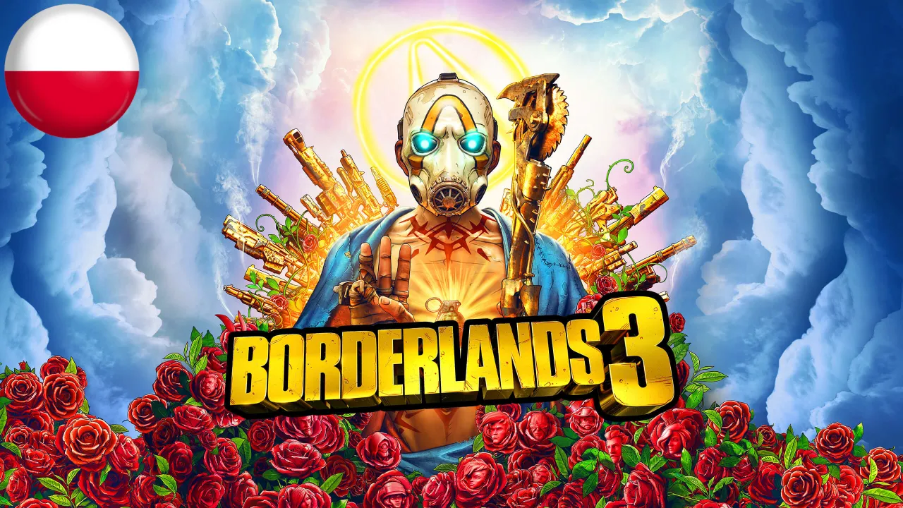 Psycho z Borderlands 3 otoczony bronią i różami. Flaga Polski sugeruje polskie spolszczenie gry.