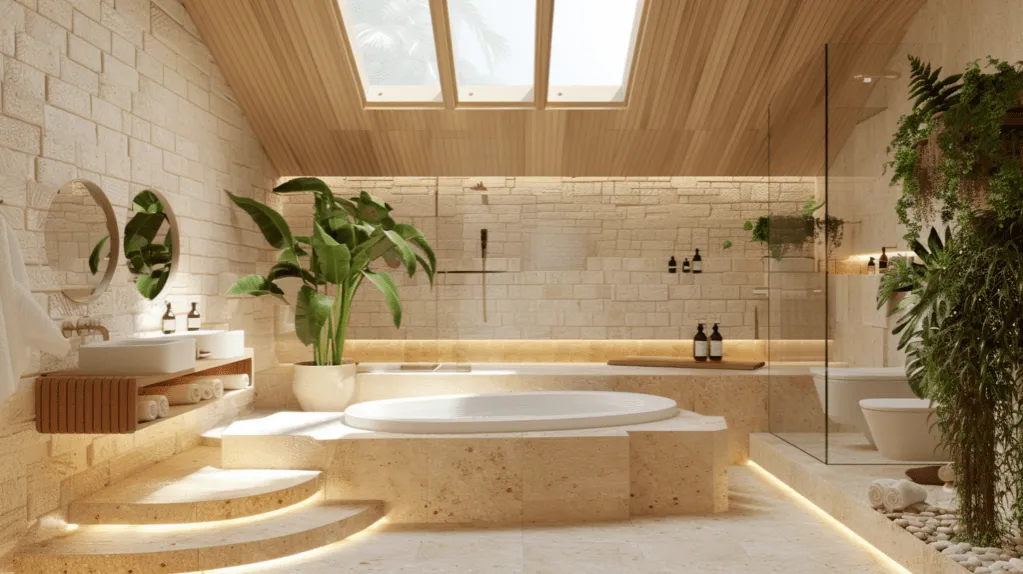 luksusowa łazienka kamień naturalny drewno egzotyczne