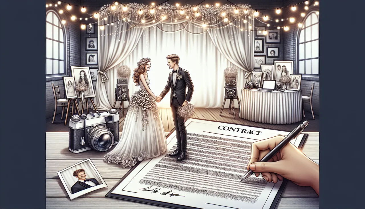 Para ustala warunki z fotografem przed ślubem, podpisując umowę. W tle dekoracje i zdjęcia.