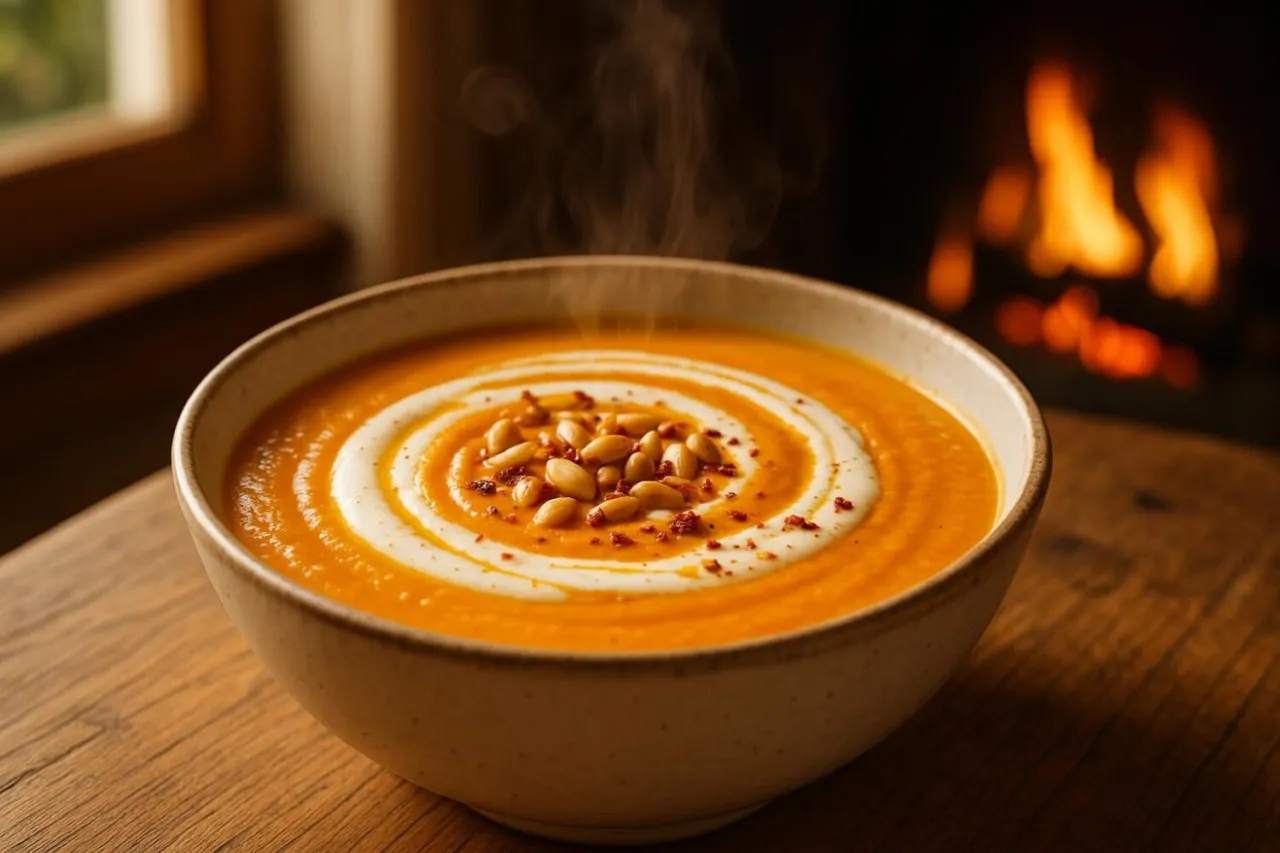 Soupe potimarron fumante ambiance automne