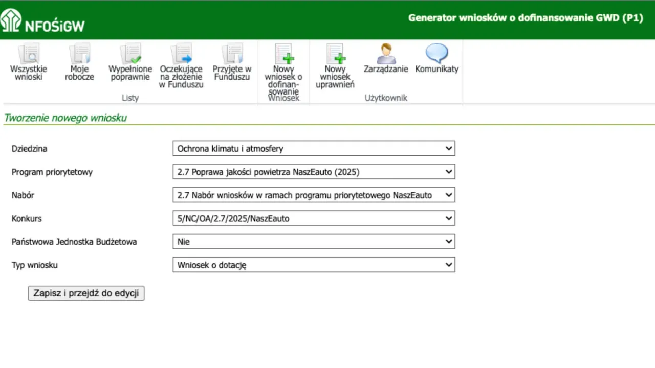 Generator Wniosków o Dofinansowanie GWD ekran logowania