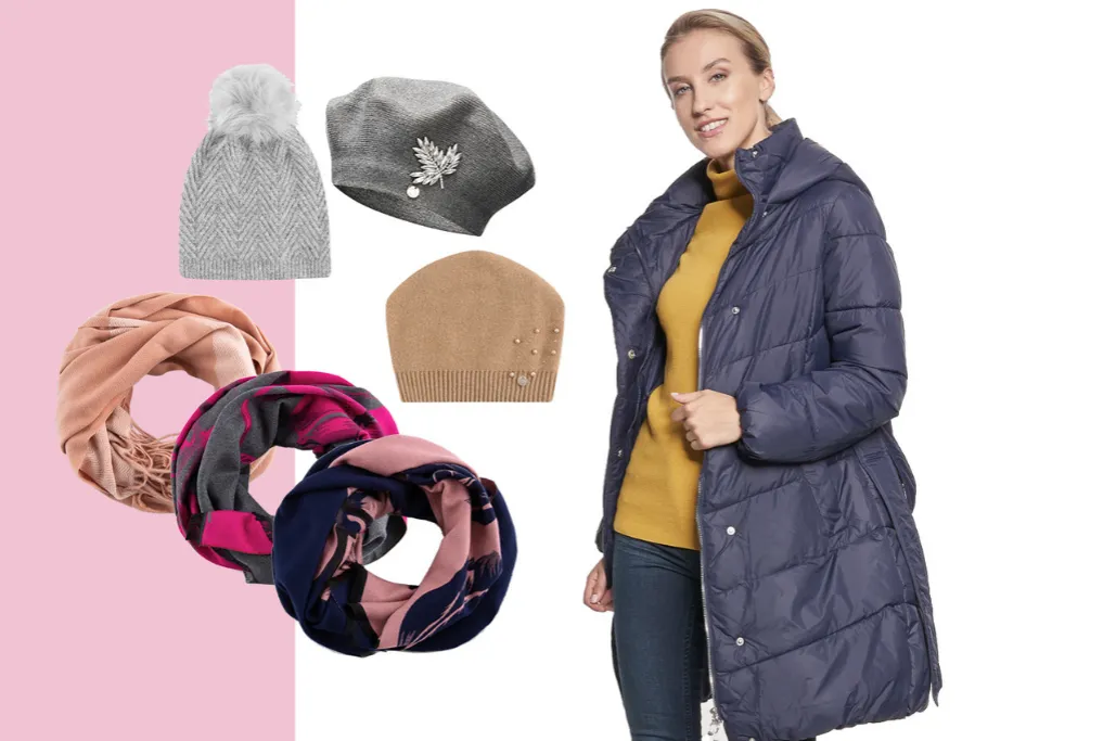 stylizacje z granatową kurtką i kolorową czapką