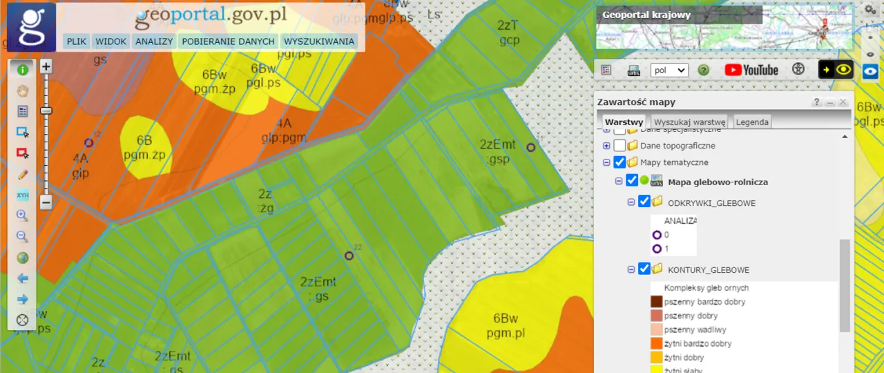 Mapa glebowo-rolnicza na Geoportalu.gov.pl. Sprawdź, gdzie znajduje się klasa ziemi, analizując warstwy i legendę.