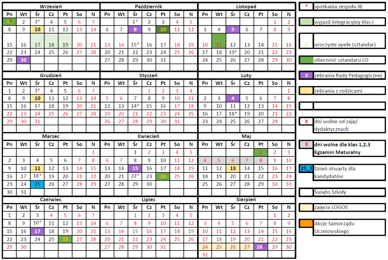 Kalendarz szkolny z zaznaczonymi dniami wolnymi, świętami i innymi wydarzeniami. Sprawdź, ile jest dni dyrektorskich w tym roku.