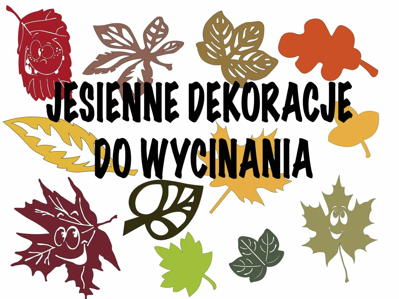 Wesołe jesienne szablony do wycinania: liście z buźkami, w różnych kolorach i kształtach.