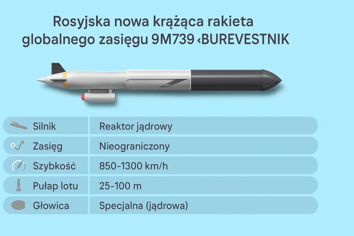 Rosyjska rakieta 9M739 Burevestnik, napędzana reaktorem jądrowym, ma nieograniczony zasięg.
