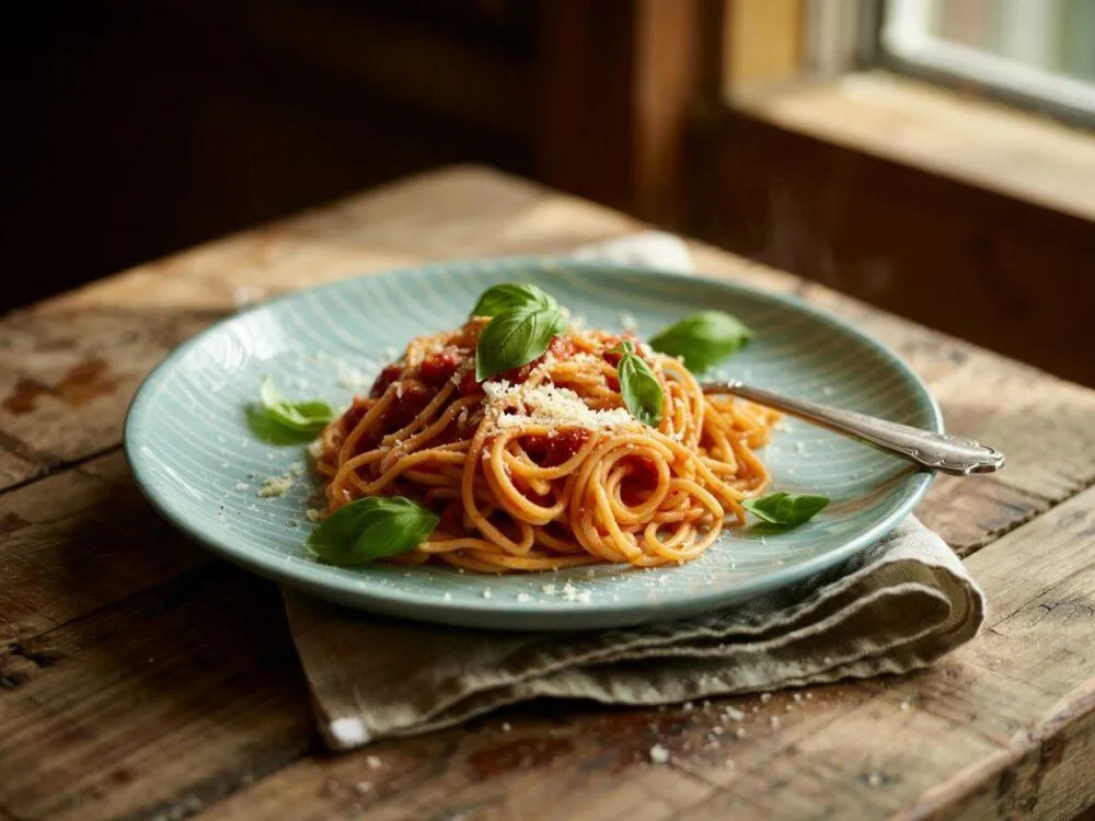 świeże składniki na sos pomidorowy do spaghetti (przecier, cebula, czosnek, bazylia)