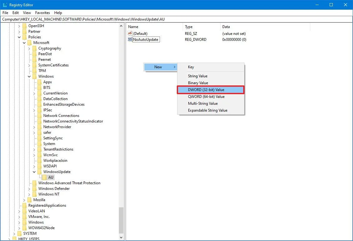 Edytor Rejestru Windows NoAutoUpdate