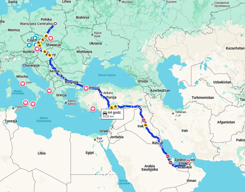 Mapa lotów Polska Dubaj