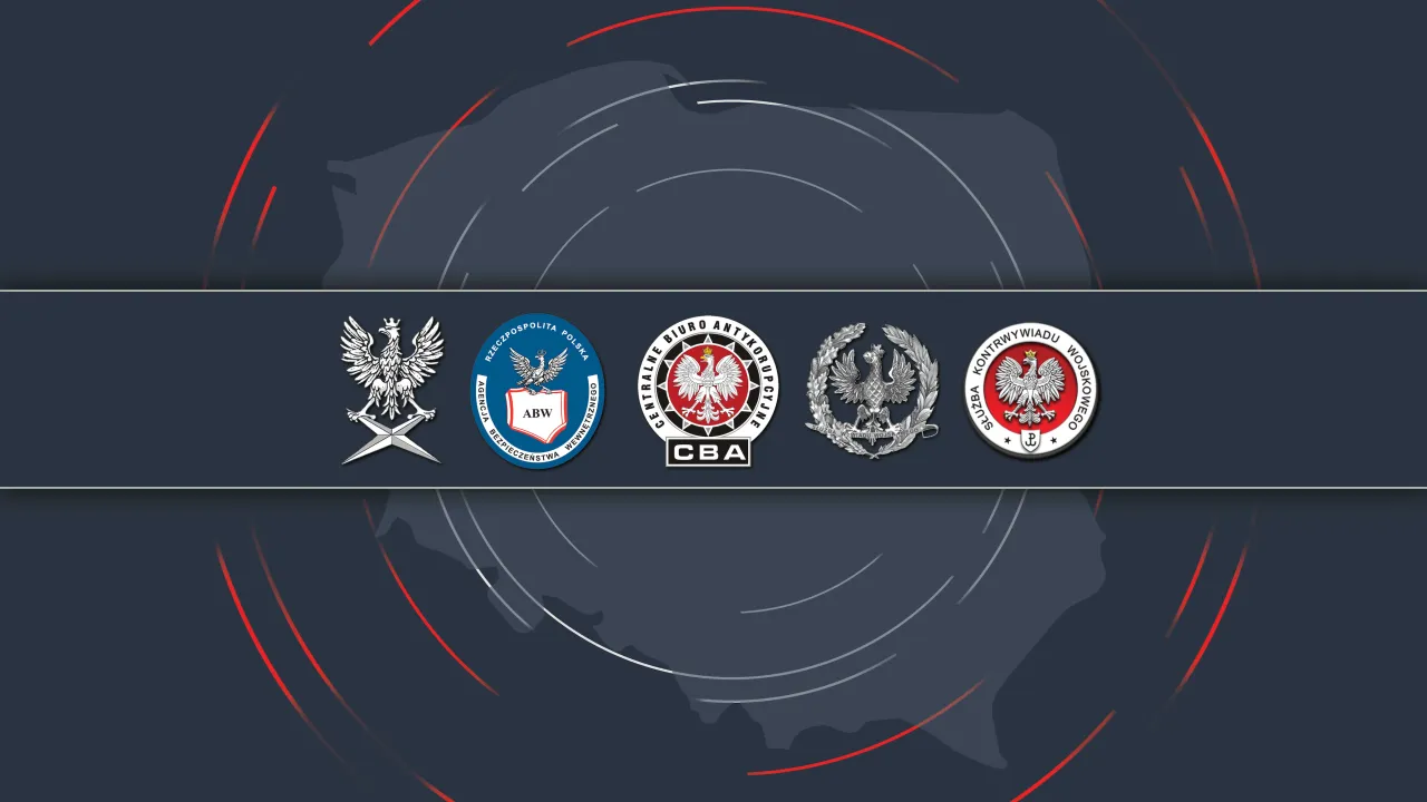 Emblematy polskich służb specjalnych ABW AW SKW SWW na jednym zdjęciu