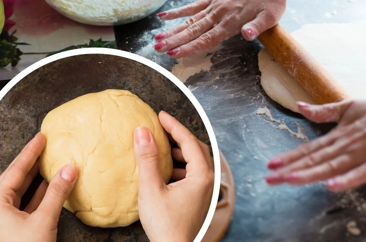 schłodzone ciasto kruche w folii spożywczej w lodówce