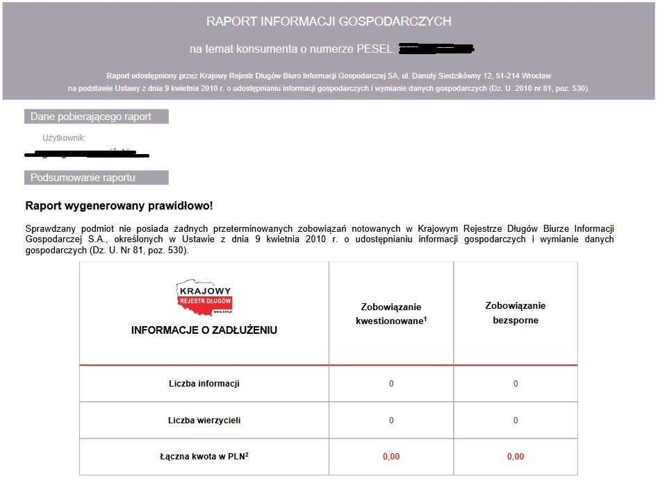 strona główna KRD, raport KRD przykładowy