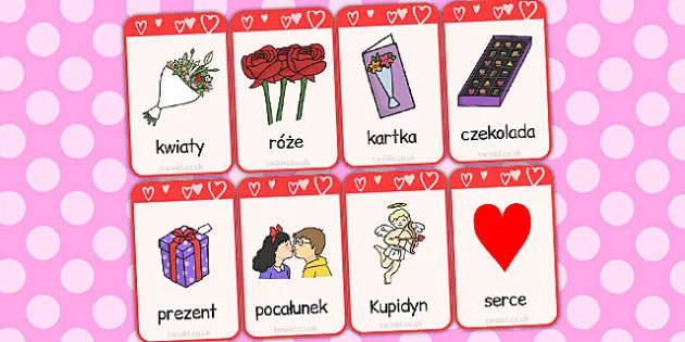 Symbole Walentynek serce Kupidyn róże czekoladki