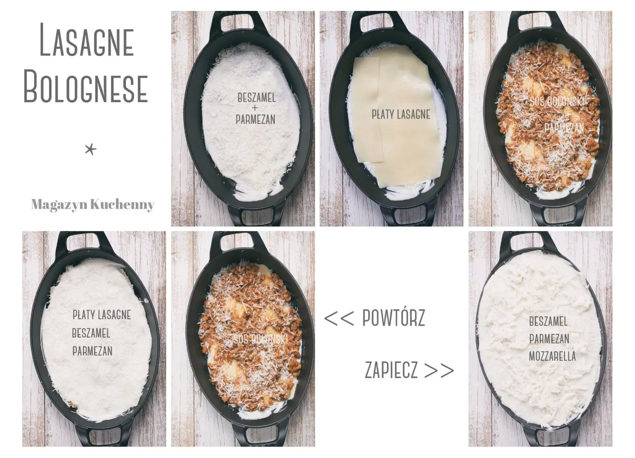 Przepis na lasagne bolognese: warstwy beszamelu, parmezanu, płatów makaronu i sosu bolońskiego. Powtórz i zapiecz.
