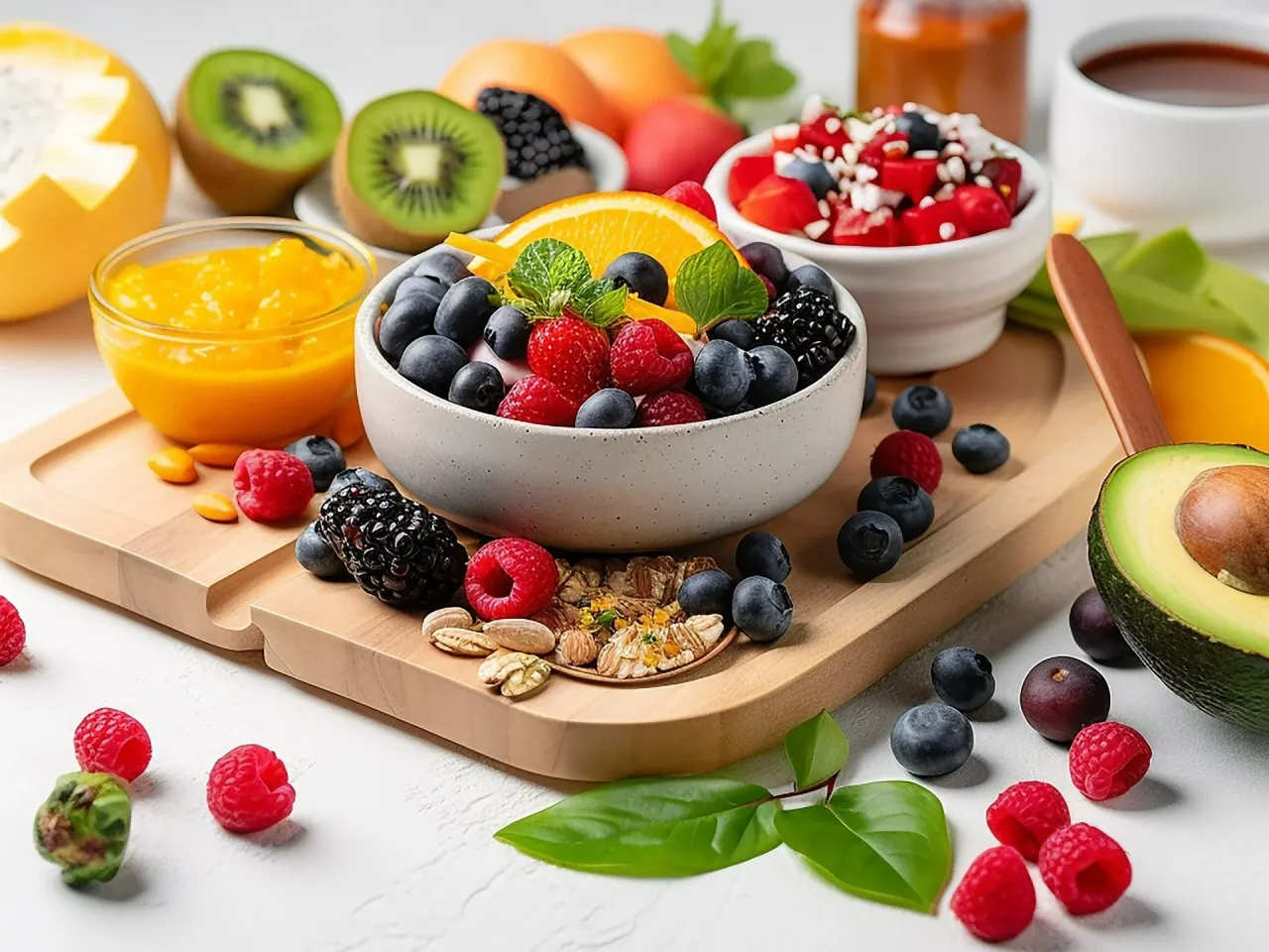 Kolorowe owoce i jagody na desce. Idealne na śniadanie, kt&oacute;re można jeść do p&oacute;źnych godzin, by cieszyć się zdrowiem.