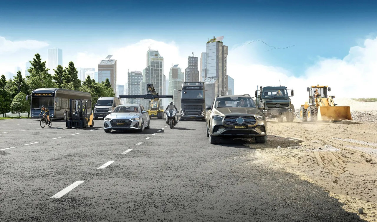 Continental produkuje opony do autobusów, samochodów osobowych, ciężarówek, motocykli i maszyn budowlanych, pokazanych na tle miasta.