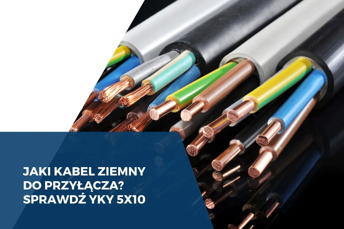 Zbliżenie na końc&oacute;wki kabli elektrycznych YKY 5x10, idealnych do przyłącza domu. Miedziane żyły i kolorowe izolacje.