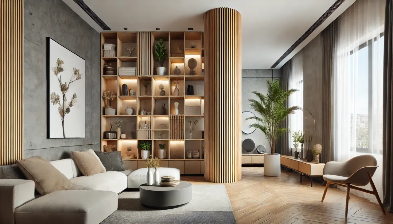 słup w salonie jako regał lub element zabudowy