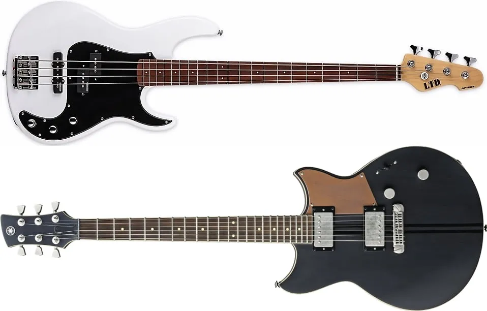 porównanie gitary basowej i elektrycznej obok siebie