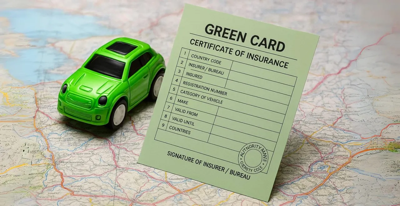 Zielona karta ubezpieczeniowa, niezbędna do podr&oacute;ży samochodem, np. do Bośni i Hercegowiny, leży obok zielonego autka na mapie.