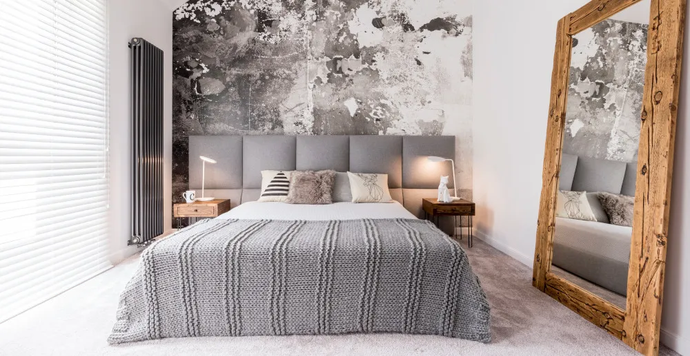 mała sypialnia jasna tapeta wzory optyczne powiększenie