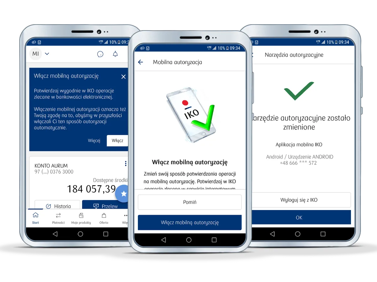 Jak aktywować aplikację IKO na nowym telefonie? Ekran pokazuje proces włączania autoryzacji mobilnej w aplikacji IKO.