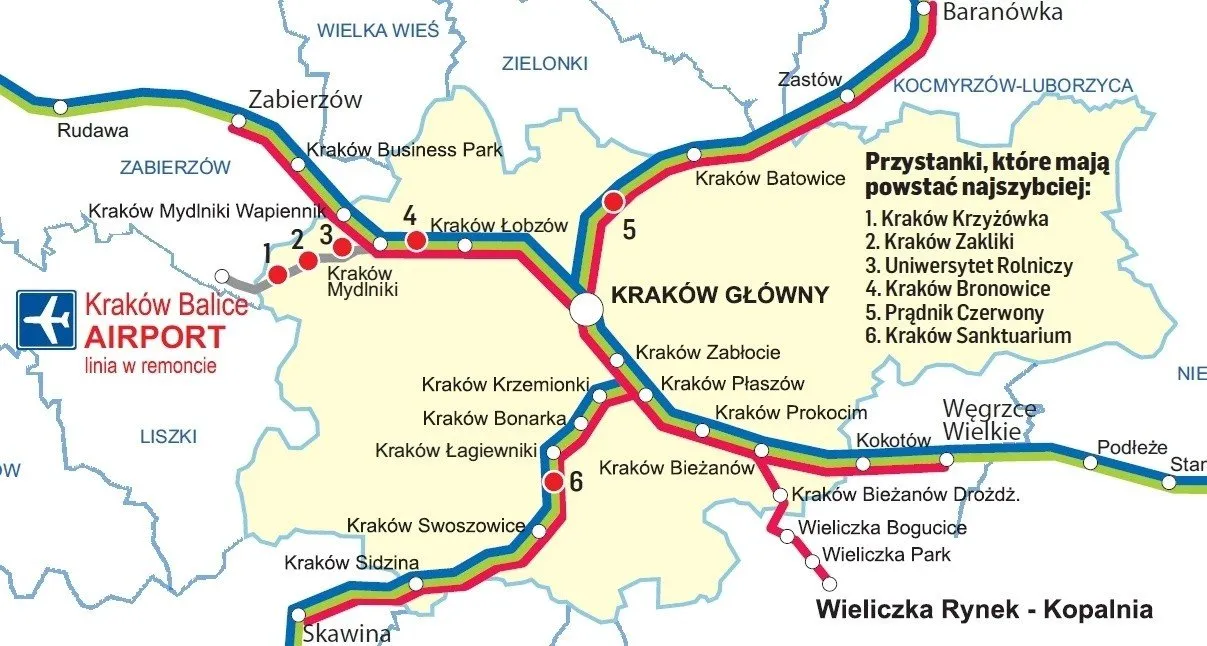 Mapa trasy kolejowej Krzeszowice Krak&oacute;w z zaznaczonymi przystankami