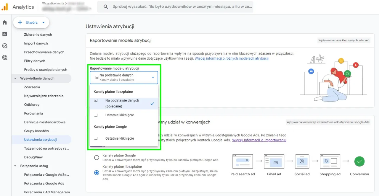 Ustawienia atrybucji w Google Analytics. Wyb&oacute;r modelu przypisywania konwersji, np. 