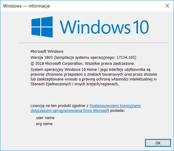 Okno Informacje o systemie Windows winver