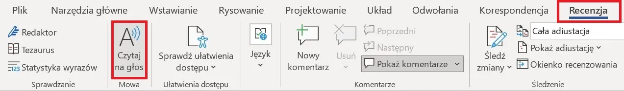 Microsoft Word Recenzja karta Czytaj na głos