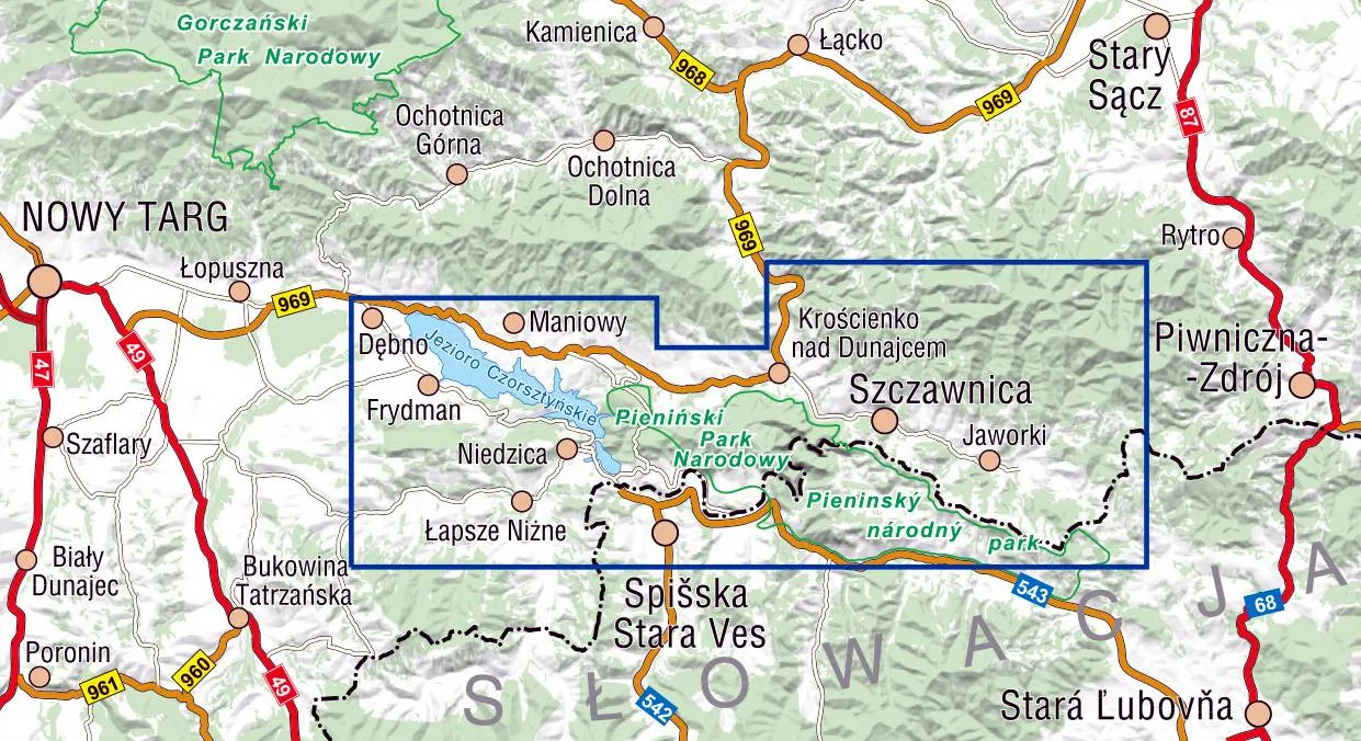 Mapa Pienin z zaznaczonymi miejscowościami noclegowymi
