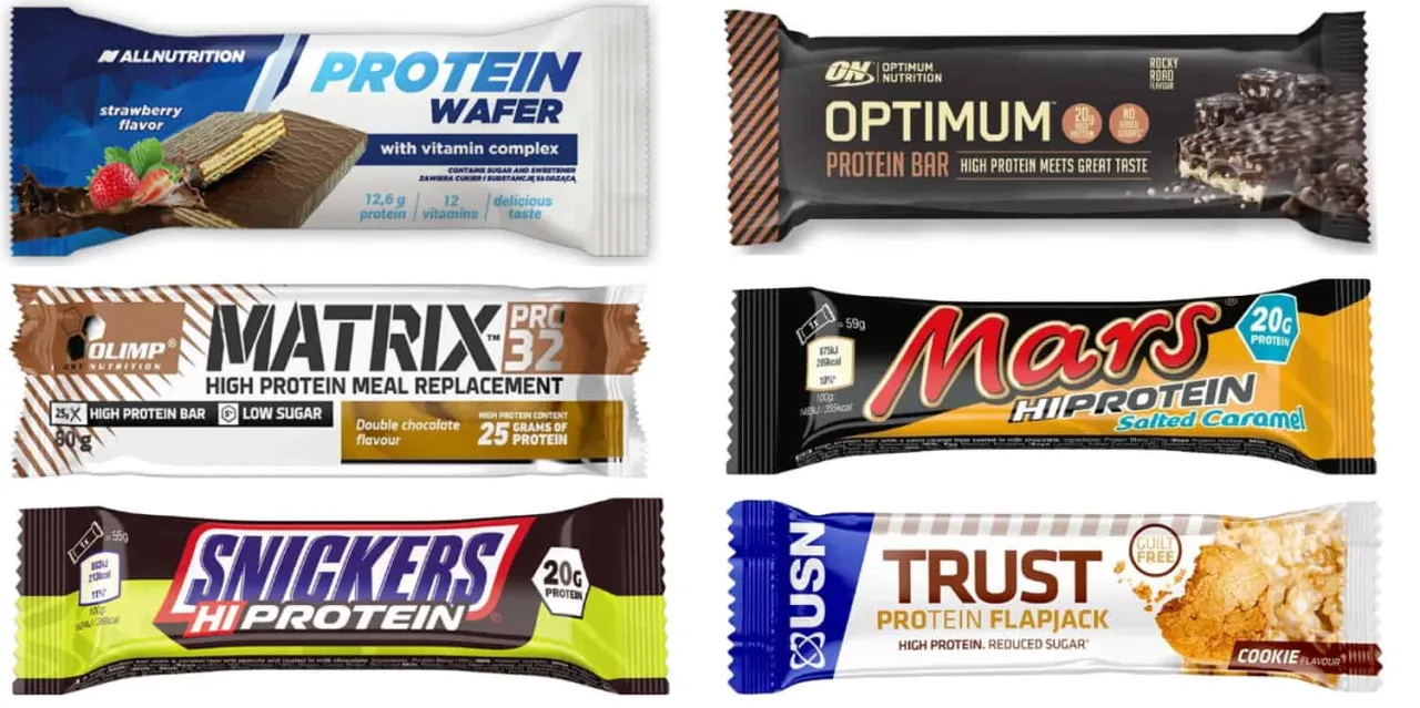 różne batony proteinowe i ich etykiety