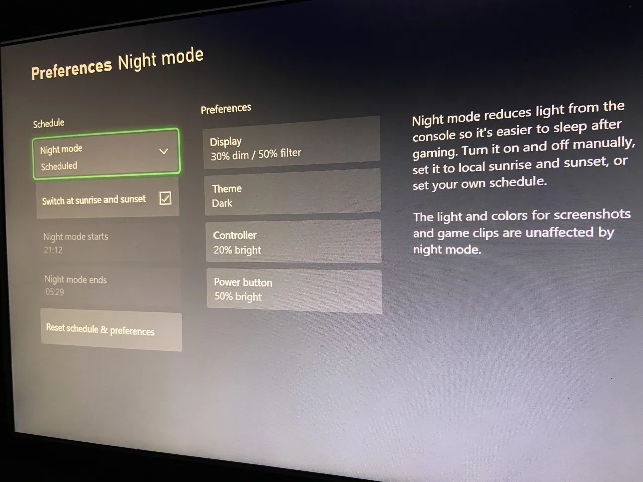 Xbox Night Mode settings screenshot