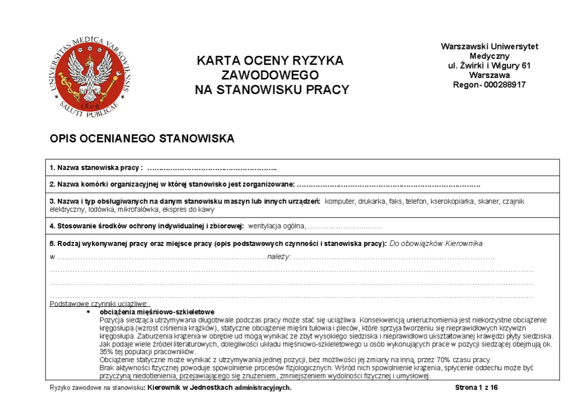 Nowe stanowisko pracy ocena ryzyka