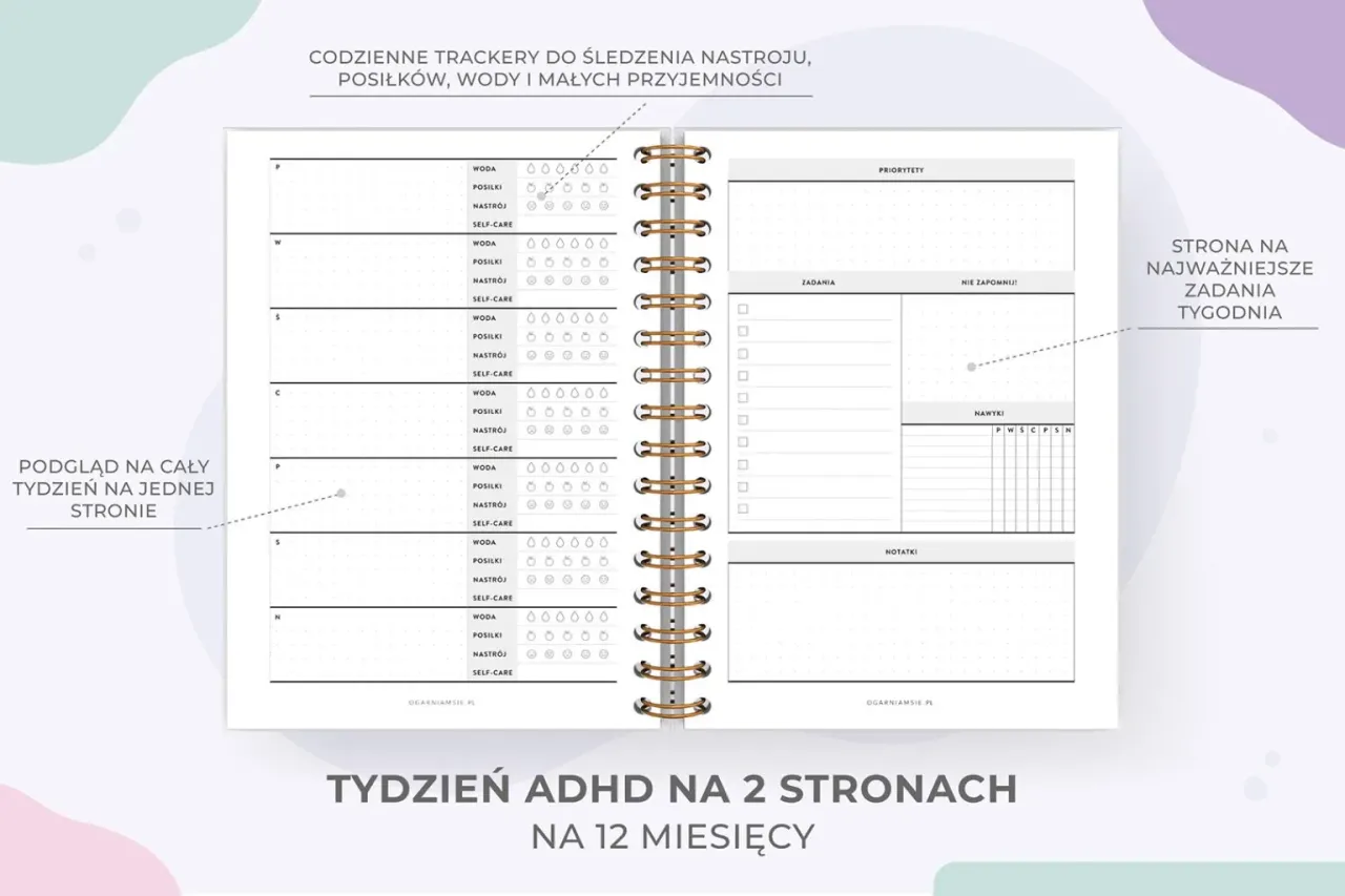 Planer tygodniowy z trackerami nastroju, posiłk&oacute;w i wody. Idealny pomysł, o czym pisać na blogu, dokumentując postępy.