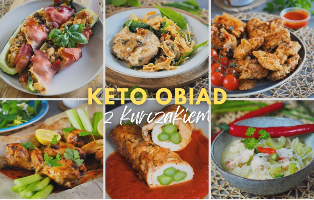 Keto obiad z kurczakiem: faszerowana cukinia, kurczak z makaronem, nuggetsy, skrzydełka, roladki z szparagami i zupa.