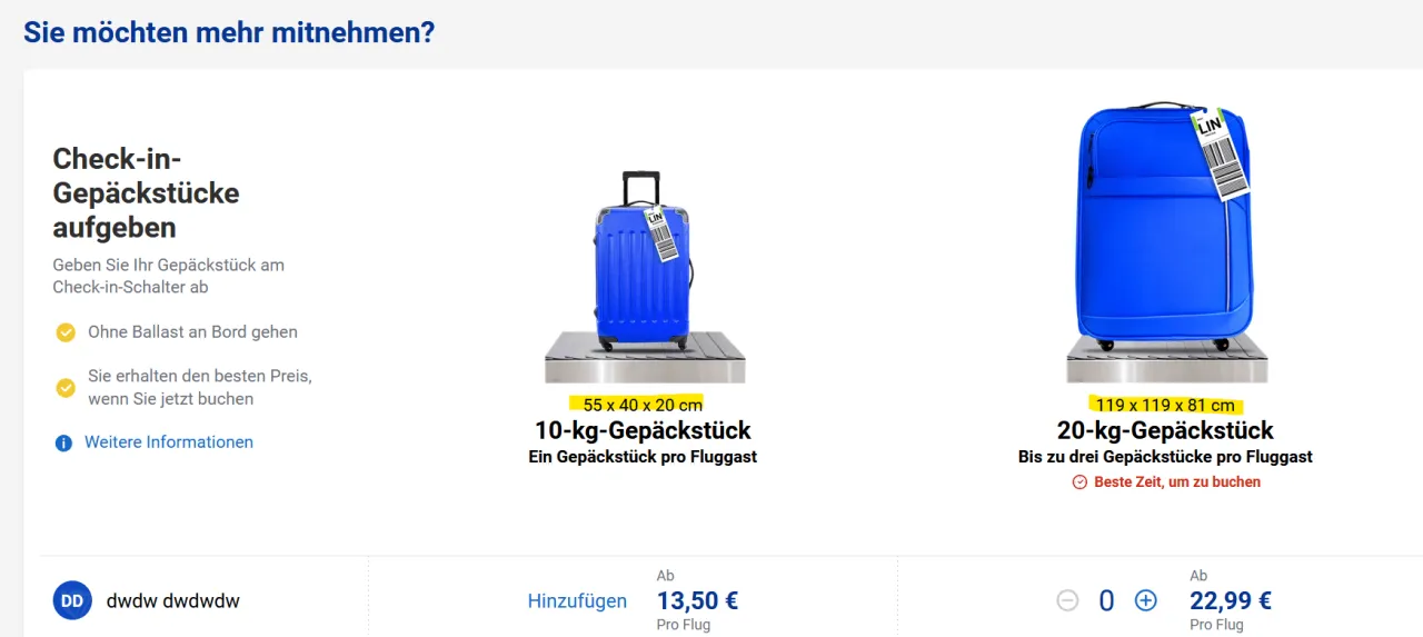 Ryanair 10kg und 20kg Aufgabegepäck