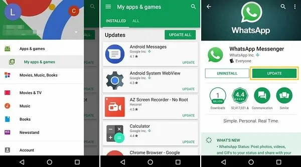 WhatsApp update process Android Google Play