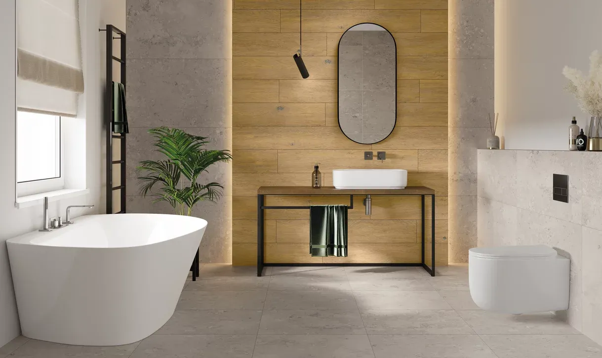 Modna łazienka z drewnianymi akcentami 2026