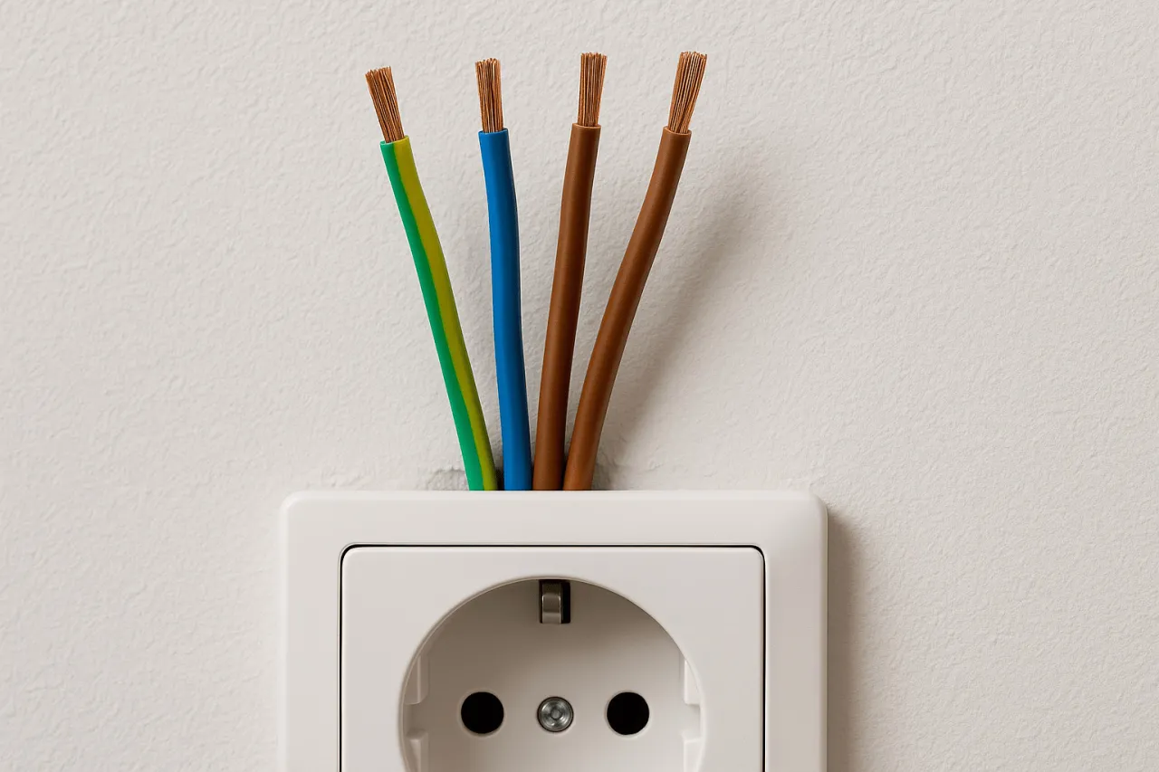 Cztery przewody wychodzące z białego gniazdka elektrycznego. Prąd w obu przewodach jest gotowy do podłączenia.