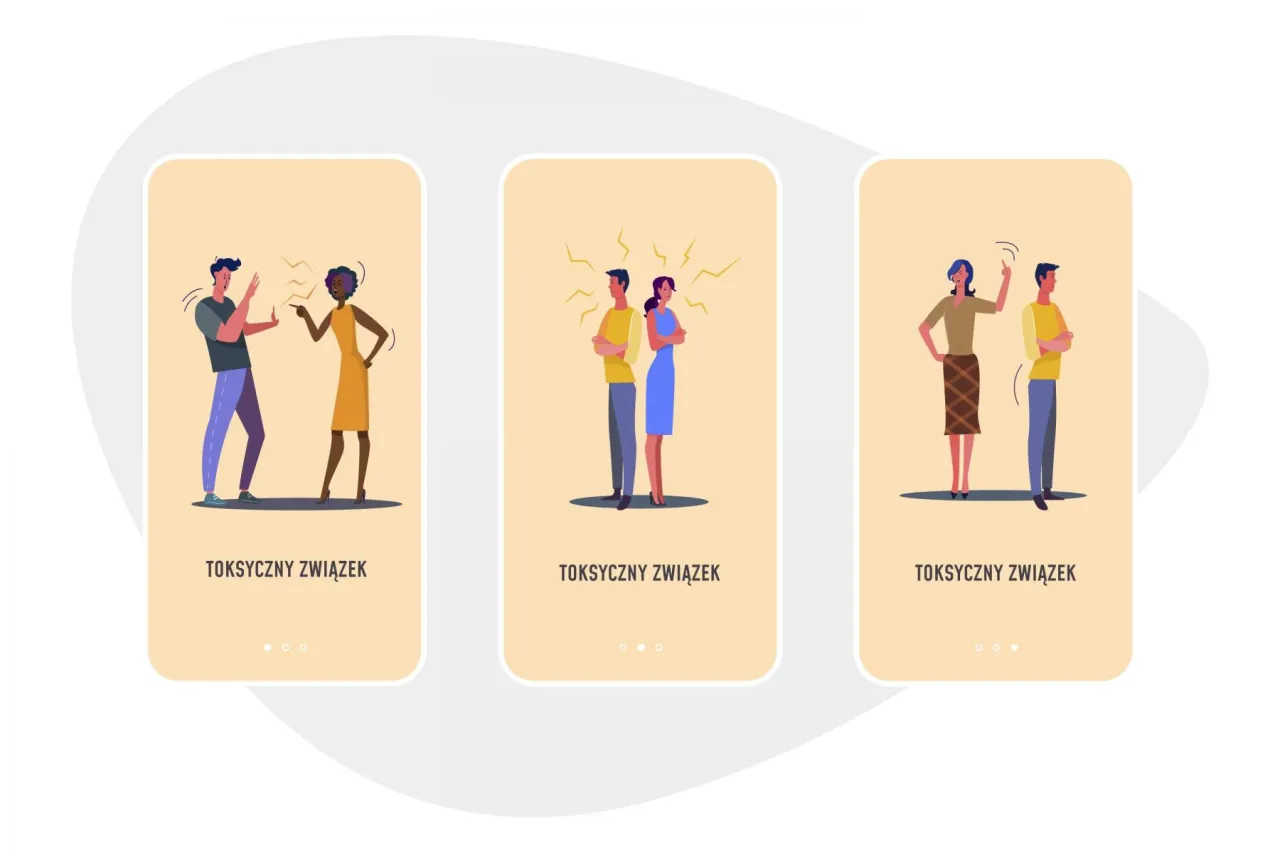 Ilustracje pokazują r&oacute;żne fazy toksycznego związku: kł&oacute;tnie, dystans i wzajemne oskarżenia.