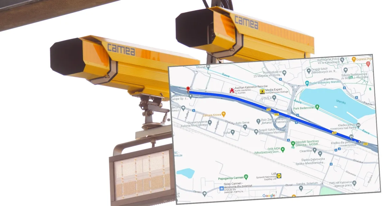 Dwa ż&oacute;łte urządzenia Camea, system odcinkowego pomiaru prędkości S7, na tle mapy Google z zaznaczoną trasą.