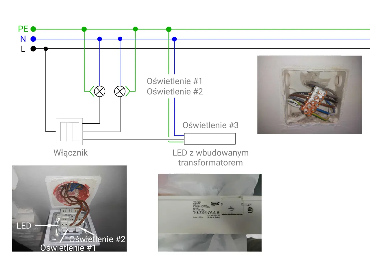 Schemat instalacji elektrycznej z żar&oacute;wką LED i włącznikiem