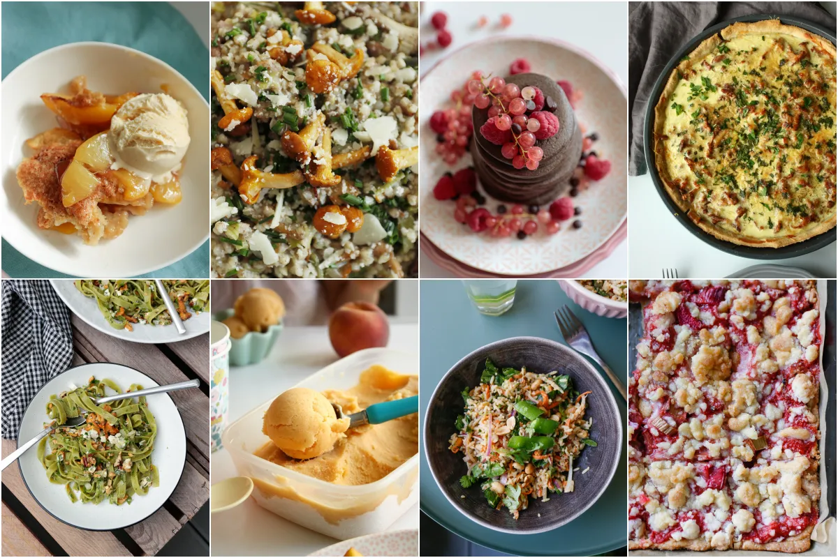 Letnie inspiracje: zapiekanka z brzoskwiniami, makaron z kurkami, naleśniki z owocami, quiche, sałatka ryżowa, ciasto z rabarbarem. Co na letni obiad?