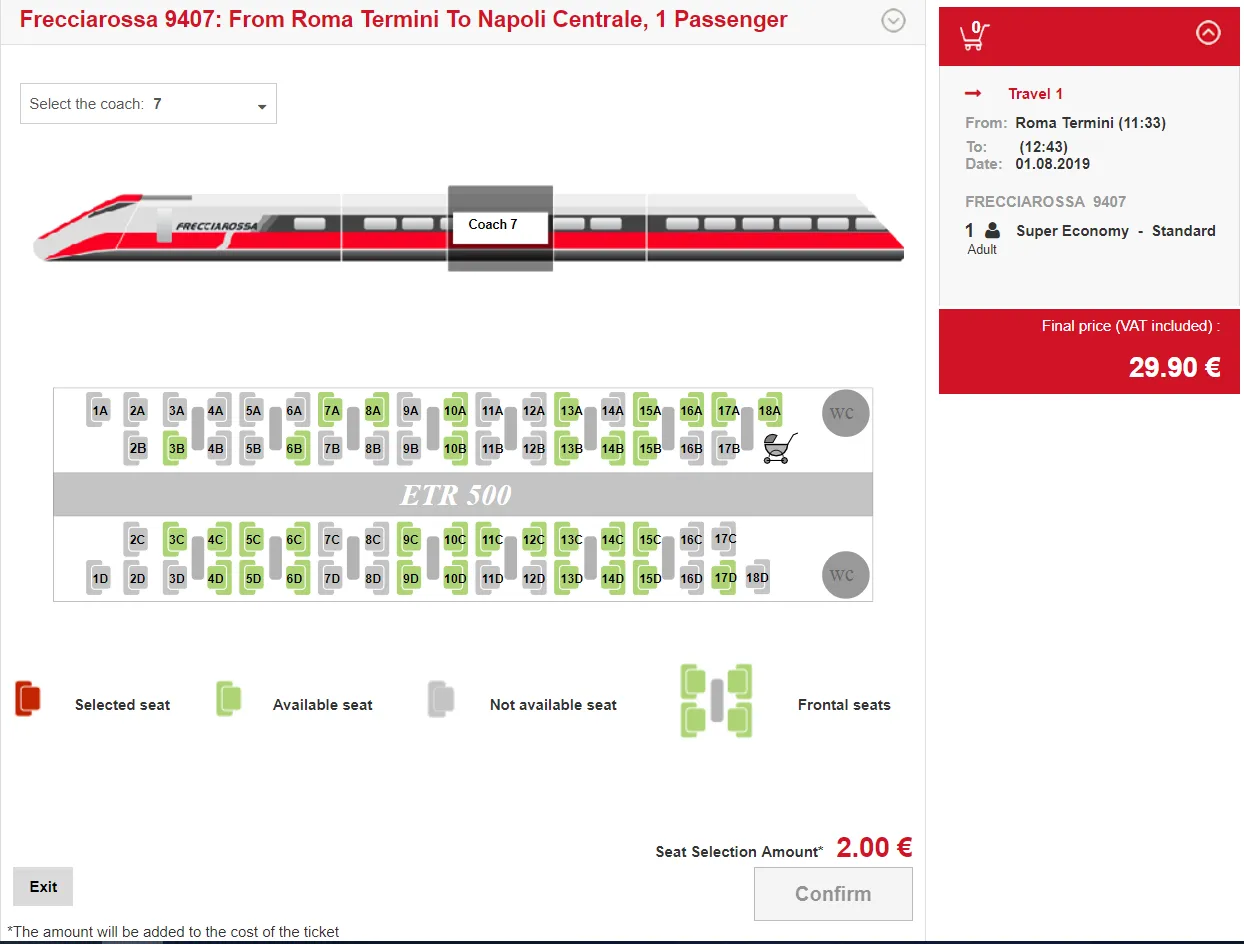 Wybierasz miejsce w pociągu Frecciarossa, aby kupić bilet na pociąg we Włoszech. Widzisz schemat wagonu 7 z dostępnymi i zajętymi miejscami.