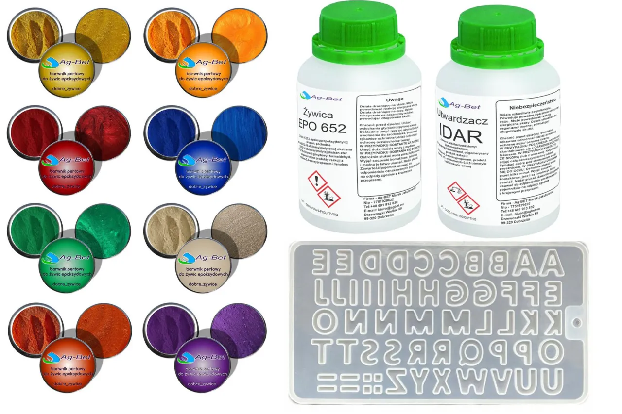 Zestaw barwników perłowych do żywic epoksydowych, utwardzacz, żywica i forma z literami do odlewów silikonowych.
