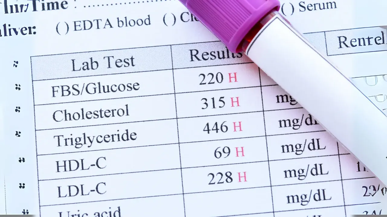 Wyniki badań laboratoryjnych, jak sprawdzić wyniki z laboratorium. Widoczne badanie poziomu cholesterolu, glukozy i trójglicerydów.