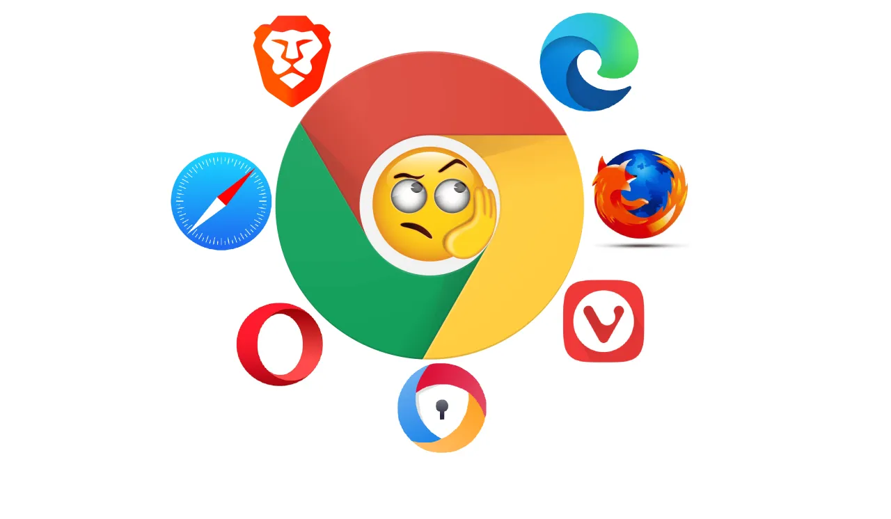 Zastanawiasz się, jaka jest najlepsza przeglądarka internetowa? Ikony Chrome, Edge, Firefox, Brave, Opera, Safari i Vivaldi otaczają zamyślonego emotikona.